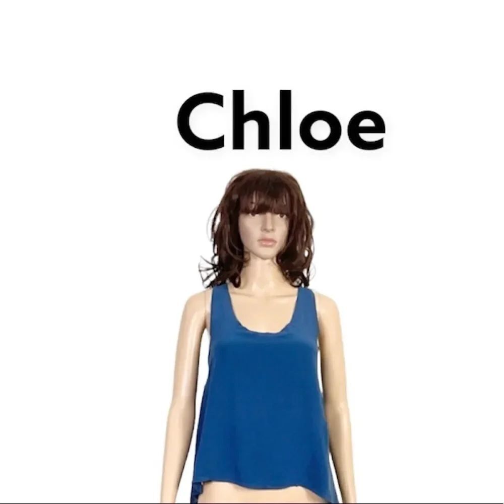 Chloe Solid Blue Grass Green Tan Lining Silk Scoop Neck High Low Blouse S